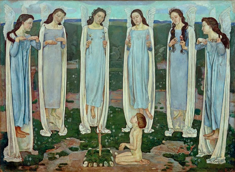 Sechs geflügelte Gestalten in Blau umgeben einen knienden Knaben – Ferdinand Hodler Der Auserwählte Kunstkopie