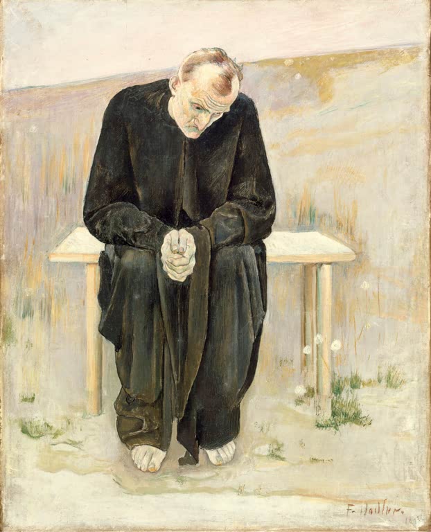 Ferdinand Hodler Der Desillusionierte Kunstkopie, gebeugter Mann in dunklem Gewand sitzt auf einer schlichten Bank