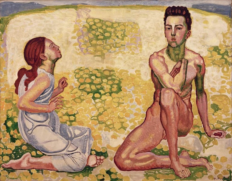 Ferdinand Hodler Der Frühling Kunstkopie, junge Frau und junger Mann sitzend auf gelb blühender Frühlingswiese