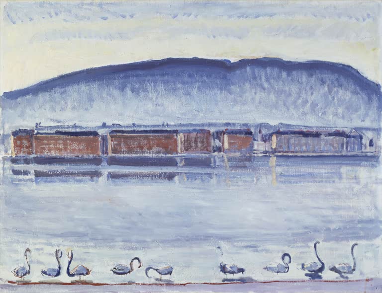 Ferdinand Hodler Genfersee mit dem Salève und Schwänen Kunstkopie, blaue Bergkette über Uferhäusern und Schwanenreihe
