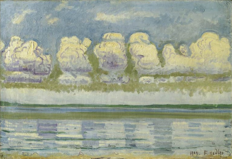 Ferdinand Hodler Genfersee mit dem Schweizer Jura Kunstkopie, helle Wolkenreihe über glitzerndem See mit Spiegelungen