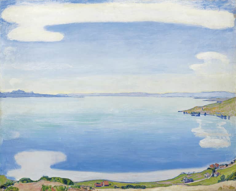 Ferdinand Hodler Der Genfersee von Chexbres aus Kunstkopie, weite blaue Seefläche mit Wolkenbändern und rotem Dorf am Ufer