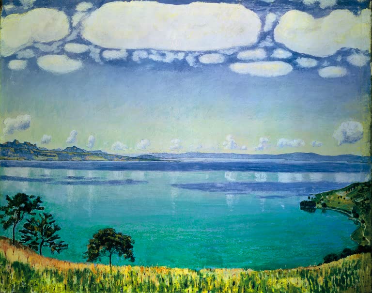 Ferdinand Hodler Genfersee von Chexbres Kunstkopie, türkisfarbener See unter einem Himmel mit weißen Wolkenbändern
