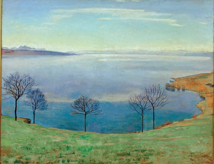 Ferdinand Hodler Genfersee von Chexbres Kunstkopie, ruhiger blauer See mit kahlen Bäumen auf grüner Wiese unter zartem Himmel
