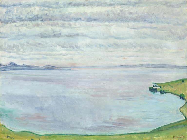 Ferdinand Hodler Der Genfersee von Chexbres aus Kunstkopie, spiegelglatter See unter horizontal gestreiftem Wolkenhimmel
