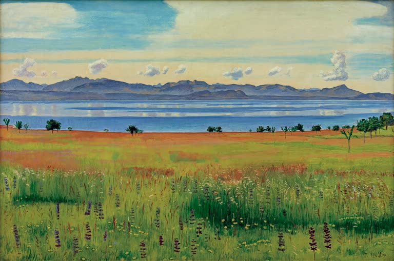Ferdinand Hodler Genfersee von Saint-Prex Kunstkopie, blühende Wiese mit Lupinen vor blauem See und ferner Bergkette