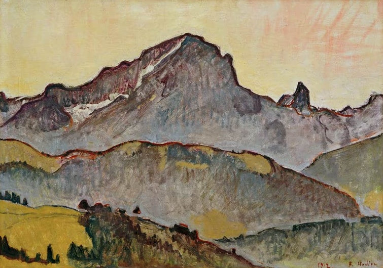 Ferdinand Hodler Grand Muveran von Villars aus Kunstkopie, graues Bergmassiv vor gelbem Himmel und sanften Hügeln