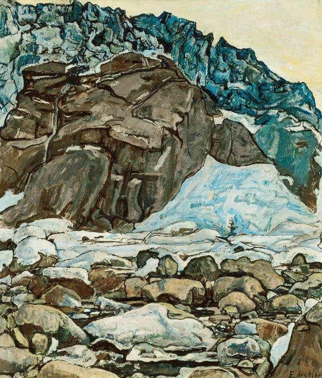 Ferdinand Hodler Der Grindelwaldgletscher Kunstkopie, brauner Felsblock und hellblaues Eis unter blauen Felsgraten
