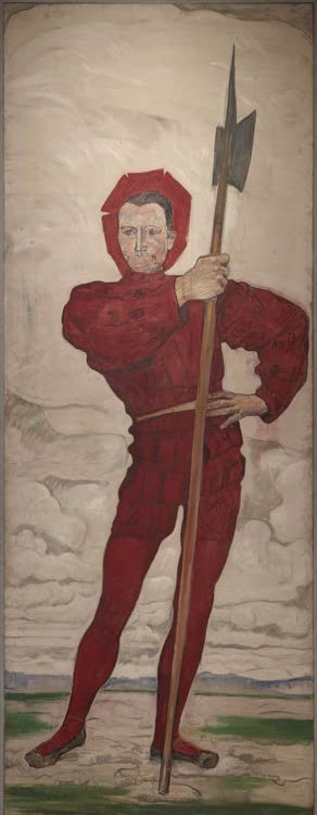 Ferdinand Hodler Der Hellebardier Kunstkopie, stehender Mann in rotem Wams und roter Kappe mit Hellebarde