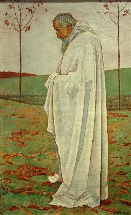 Ferdinand Hodler Der Herbst Kunstkopie, alter Mann im weißen Umhang auf einer Wiese mit herbstlichem Laub