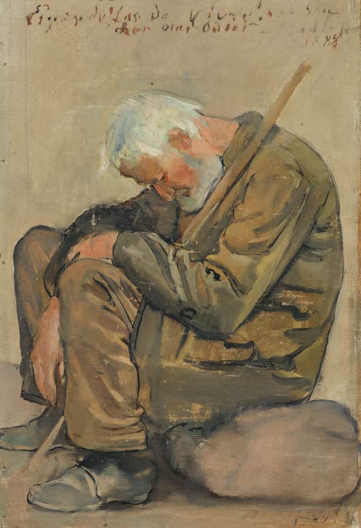Ferdinand Hodler Der Lebensmüde Kunstkopie, ein weißhaariger Mann sitzt vornübergebeugt und stützt sich auf seinen Stock