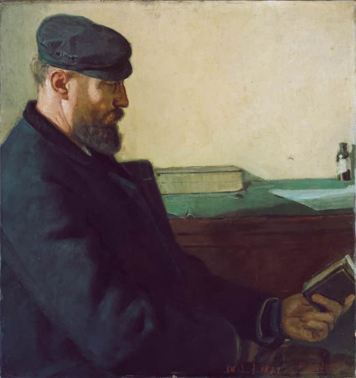 Ferdinand Hodler Der Leser Kunstkopie, bärtiger Mann mit Mütze und dunklem Mantel liest ein kleines Buch am Tisch