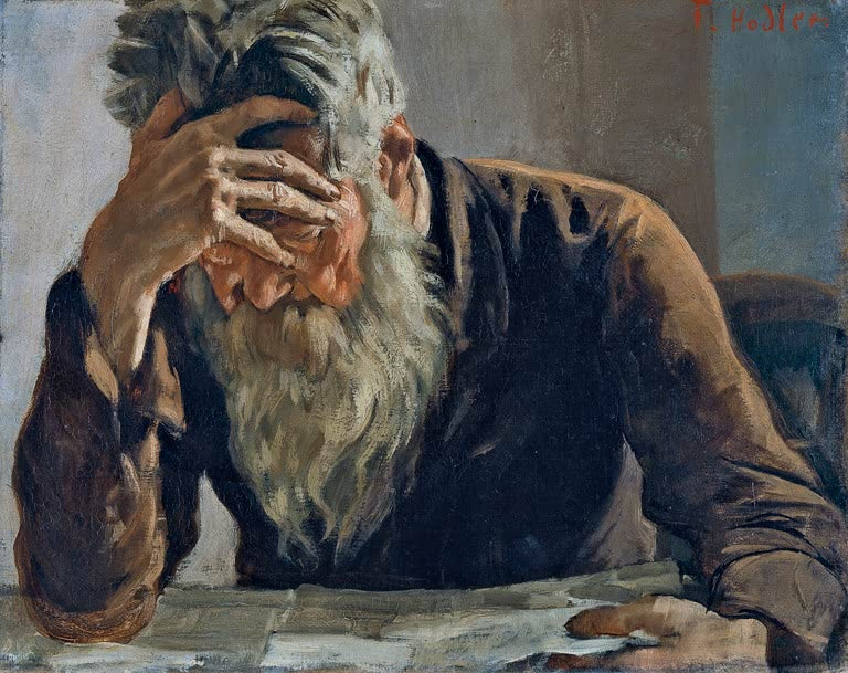 Ferdinand Hodler Der Leser Kunstkopie, älterer Mann mit langem weißem Bart stützt den Kopf in die Hand und liest die Zeitung