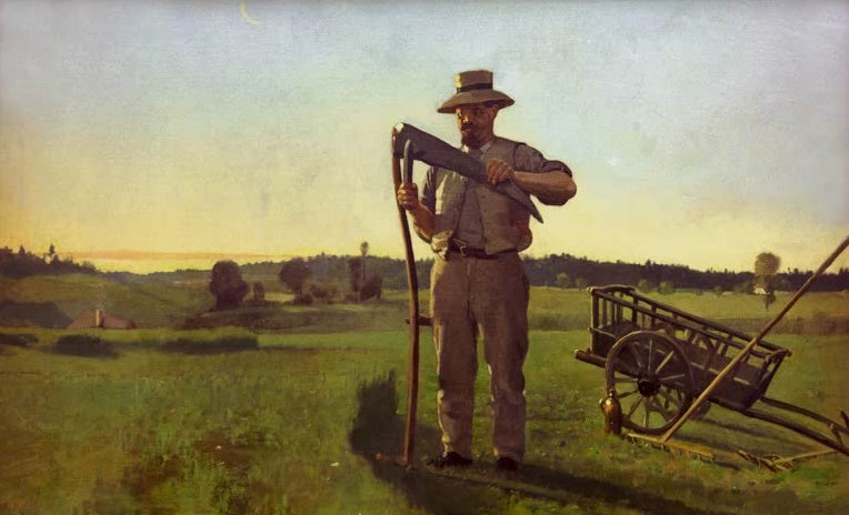 Ferdinand Hodler Der Mäher Kunstkopie, Bauer mit Strohhut wetzt seine Sense auf einer Wiese neben einem Leiterwagen