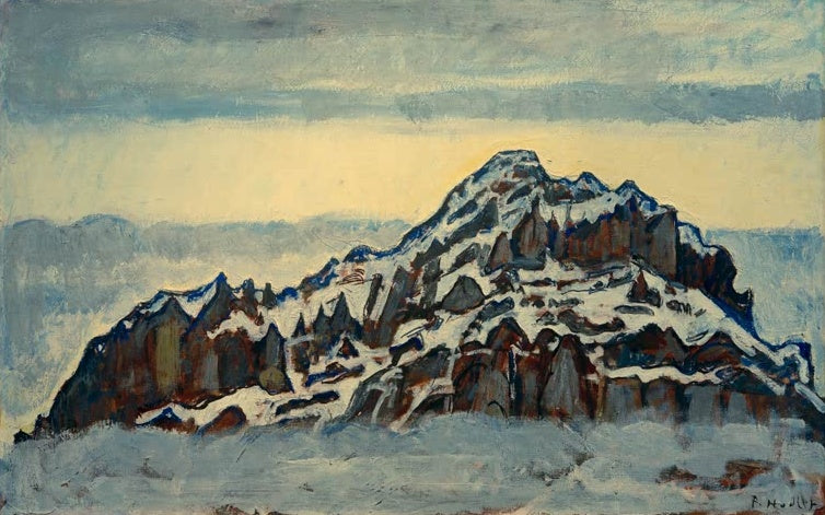 Ferdinand Hodler Der Mettenberg Kunstkopie, verschneiter Felsgipfel über einem Wolkenmeer mit gelbem Abendhimmel