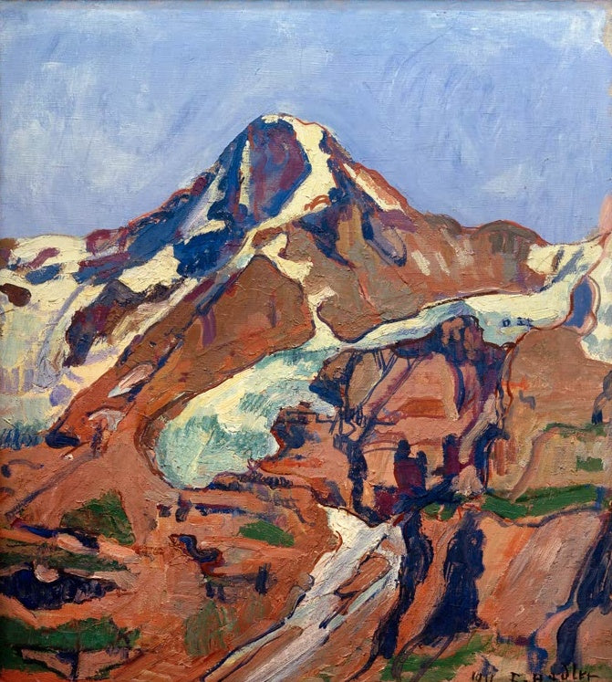 Ferdinand Hodler Der Mönch Kunstkopie, schneebedeckter Berggipfel über rotbraunen Felshängen vor blauem Himmel