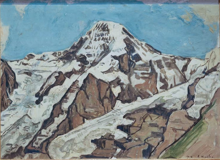 Ferdinand Hodler Der Mönch Kunstkopie, schneebedeckter Gipfel mit braunen Felsrippen vor blauem Himmel, 1914