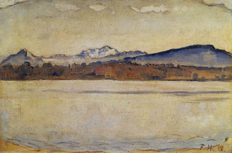 Ferdinand Hodler Der Mont-Blanc Kunstkopie, kleine Ölstudie mit Bergkette und cremegelbem See, Februar 1918