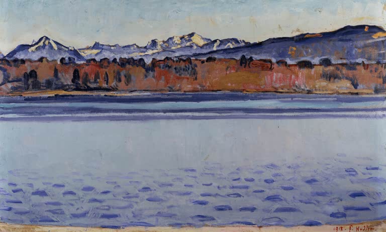 Ferdinand Hodler Der Mont-Blanc vom Quai Wilson aus Kunstkopie, schneebedeckte Berge über orangebraunem Ufer und blauem See
