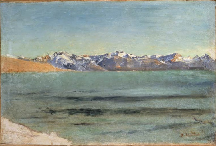 Ferdinand Hodler Der Mont Blanc Kunstkopie, verschneite Bergkette über einer grünlich schimmernden Wasserfläche