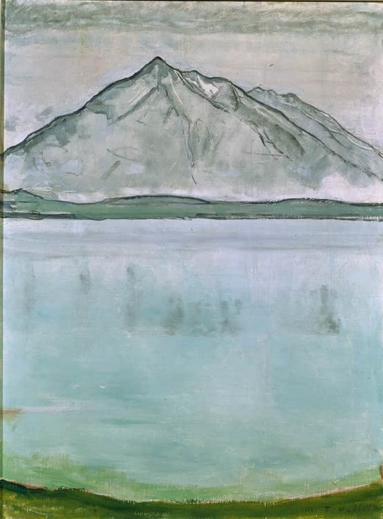 Ferdinand Hodler Der Niesen Kunstkopie, grauer Bergkegel über dem spiegelnden türkisfarbenen Thunersee