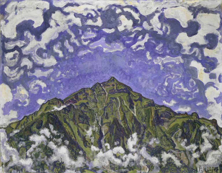 Ferdinand Hodler Der Niesen von Heustrich aus Kunstkopie, grüner Berggipfel unter violettem Himmel mit wirbelnden Wolken