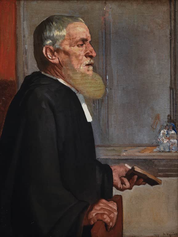 Ferdinand Hodler Der Pfarrer Kunstkopie, älterer Geistlicher mit Bart im schwarzen Talar mit Buch im Profil