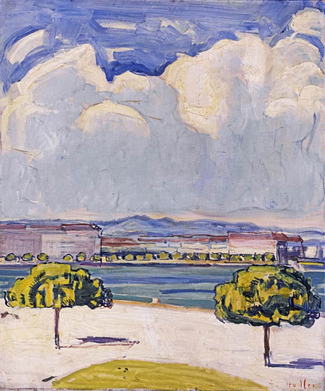 Ferdinand Hodler Der Quai du Mont-Blanc in Genf Kunstkopie, zwei Bäume am Seeufer unter weiten Wolken vor Häuserfront