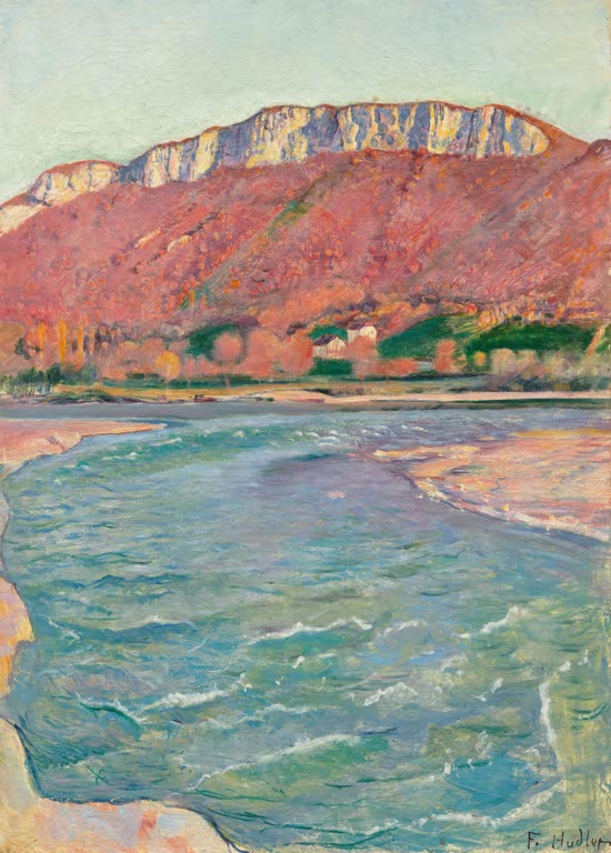 Ferdinand Hodler Der Salève im Herbst Kunstkopie, rot leuchtender Berghang mit Felskante über türkisblauem Fluss