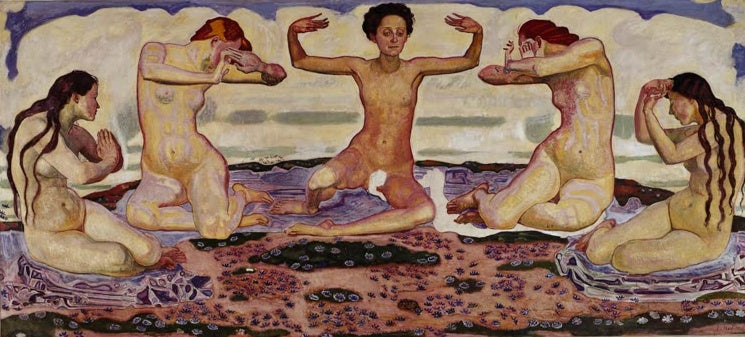 Ferdinand Hodler Der Tag Kunstkopie, fünf symmetrisch angeordnete Frauenakte auf einer blühenden Wiese vor hellem Himmel