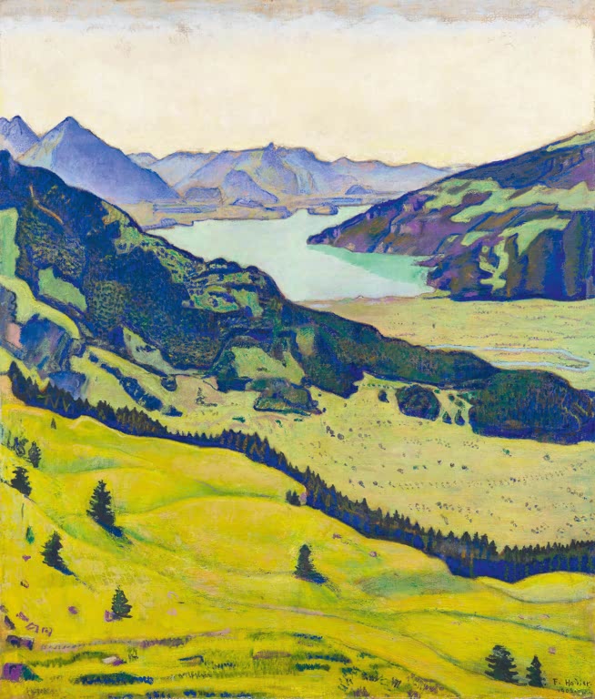 Ferdinand Hodler Der Thunersee von Breitlauenen aus Kunstkopie, gelbgrüne Hänge mit Tannen über dem türkisfarbenen See