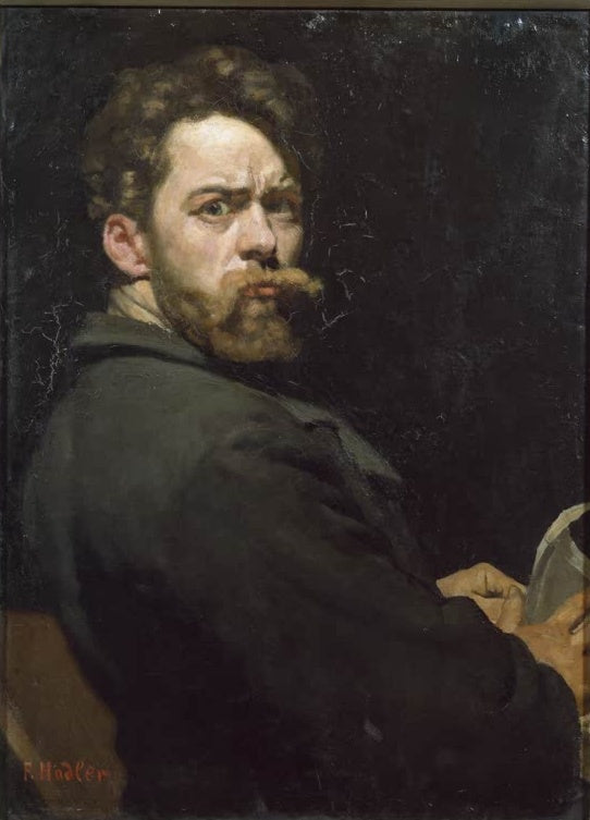 Ferdinand Hodler Der Tor Selbstbildnis Kunstkopie, bärtiger Mann mit strengem Blick in dunkler Jacke vor schwarzem Grund