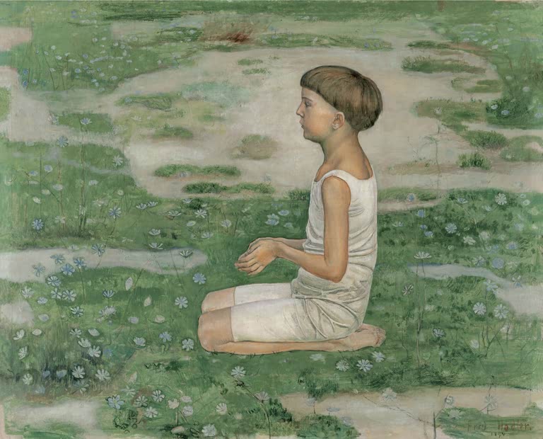 Ferdinand Hodler Die Anbetung Kunstkopie, knieender Knabe im hellen Hemd mit gefalteten Händen auf blühender Wiese