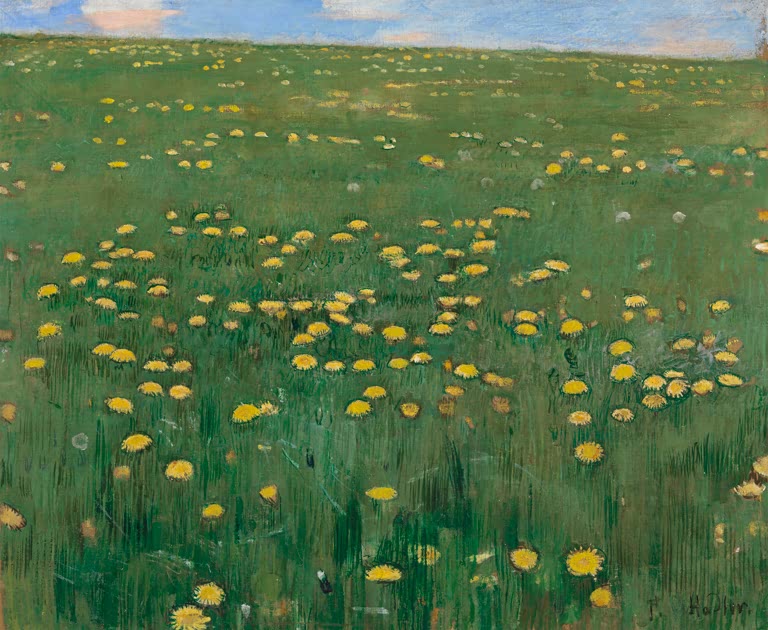 Ferdinand Hodler Die Blumenwiese Kunstkopie, gelb blühende Löwenzahnwiese unter einem schmalen blauen Himmel