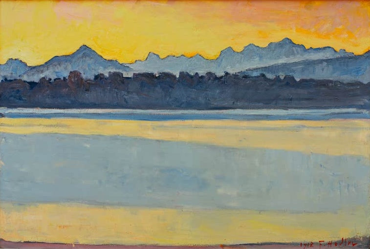 Ferdinand Hodler Die Bucht von Genf mit dem Mont-Blanc vor Sonnenaufgang Kunstkopie, gelber Himmel über blauem Seeufer