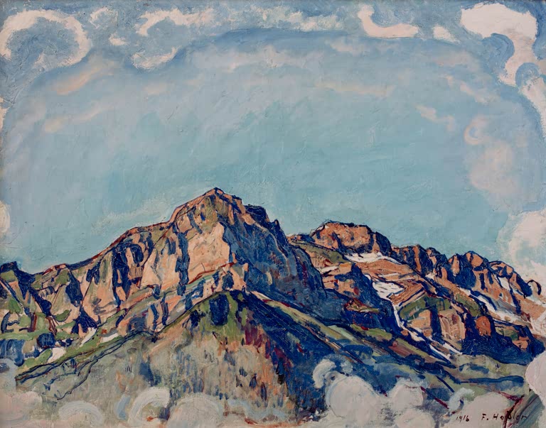 Ferdinand Hodler Die Dents Blanches bei Champéry Kunstkopie, Bergmassiv in Orange und Blau unter weitem Himmel