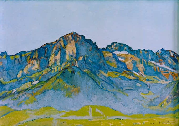 Blaue Bergkette mit gelbgrünen Hängen und Schneeresten – Ferdinand Hodler Die Dents Blanches bei Champéry Kunstkopie