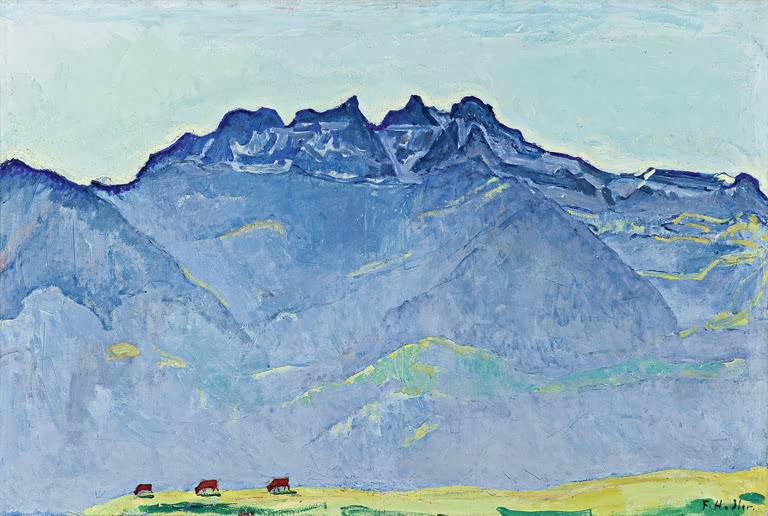 Ferdinand Hodler Die Dents du Midi von Champéry aus Kunstkopie, blaue Bergkette über gelbgrüner Wiese mit drei roten Kühen