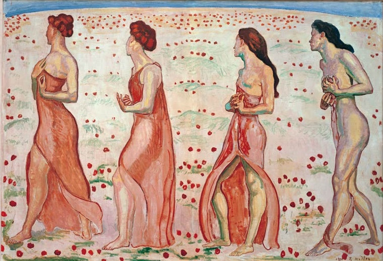 Ferdinand Hodler Die Empfindung Kunstkopie, vier schreitende Frauen in roten Gewändern auf einer Blütenwiese