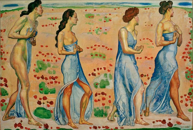 Ferdinand Hodler Die Empfindung I Kunstkopie, vier schreitende Frauen in blauen Tüchern auf rosafarbenem Mohnfeld