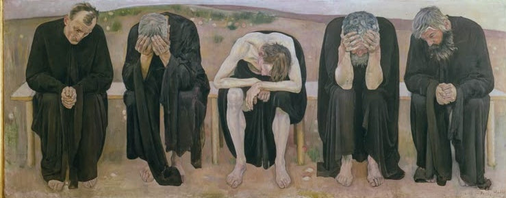 Ferdinand Hodler Die enttäuschten Seelen Kunstkopie, fünf schwarz gekleidete Männer sitzen mit gesenktem Kopf auf einer Bank