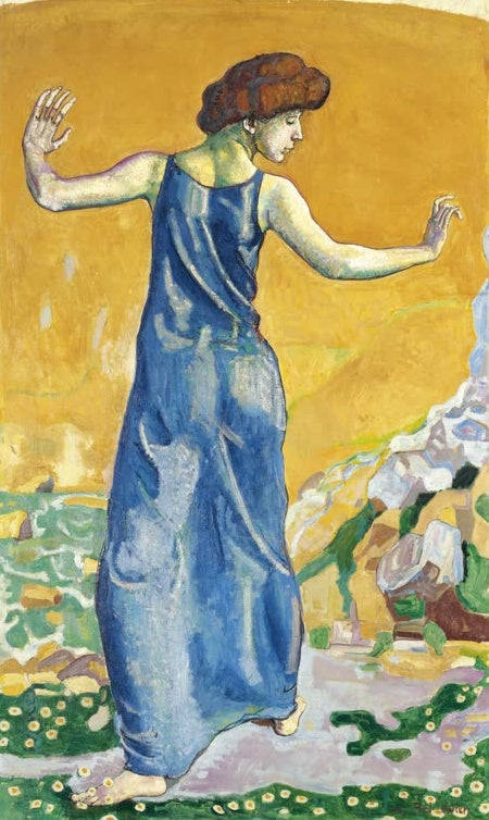 Ferdinand Hodler Die freudige Frau Kunstkopie, Frau in blauem Kleid mit ausgebreiteten Armen vor goldgelbem Grund
