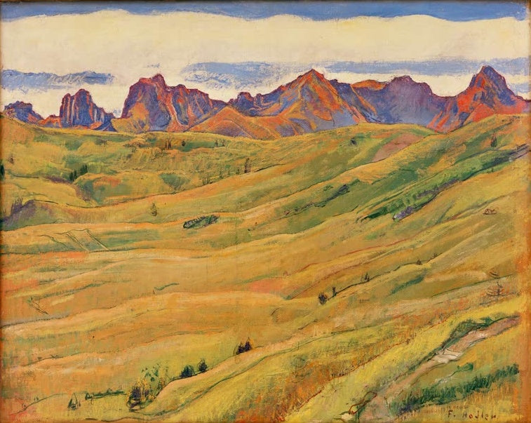 Ferdinand Hodler Die Gantrischkette Kunstkopie, goldgelbe Alpwiesen unter rot leuchtenden Felsgipfeln und weißem Wolkenband