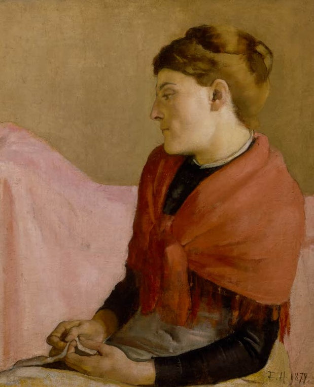 Ferdinand Hodler Die Genesende Kunstkopie, junge Frau im Profil mit rotem Schultertuch vor ockerfarbenem Grund