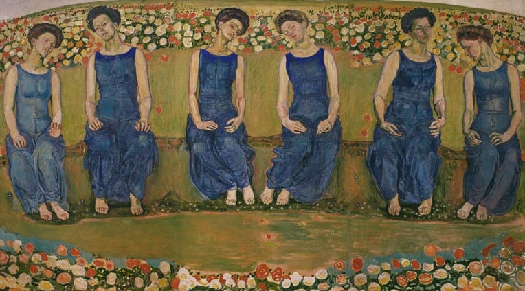 Ferdinand Hodler Die heilige Stunde Kunstkopie, sechs sitzende Frauen in blauen Kleidern auf einer Bank vor einer Blumenwiese