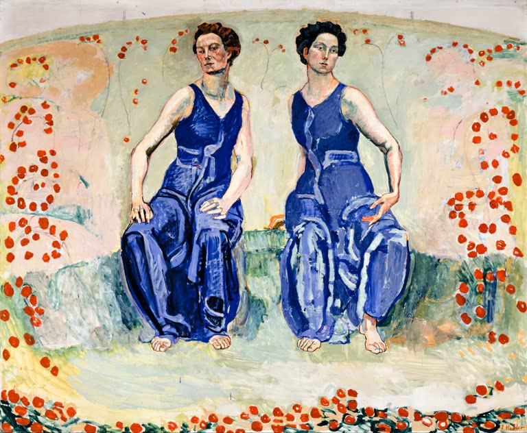 Ferdinand Hodler Die Heilige Stunde Kunstkopie, zwei sitzende Frauen in blauen Gewändern zwischen roten Blüten