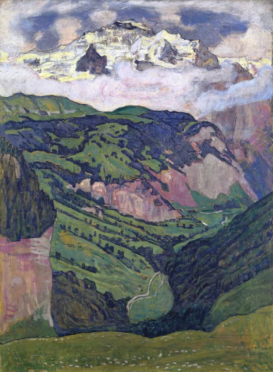 Ferdinand Hodler Die Jungfrau von Isenfluh aus Kunstkopie, schneebedeckter Gipfel über grünen Hängen