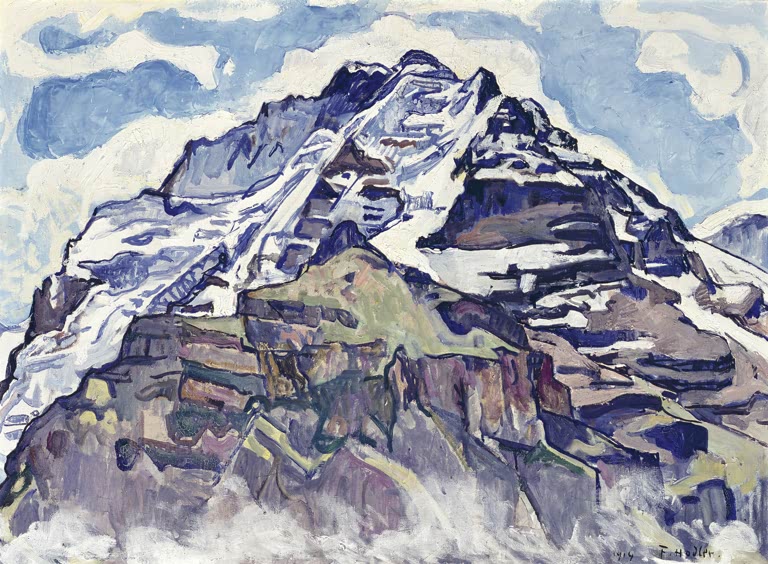 Ferdinand Hodler Die Jungfrau von Mürren aus Kunstkopie, schneebedeckter Alpengipfel in Blau und Weiß vor bewölktem Himmel
