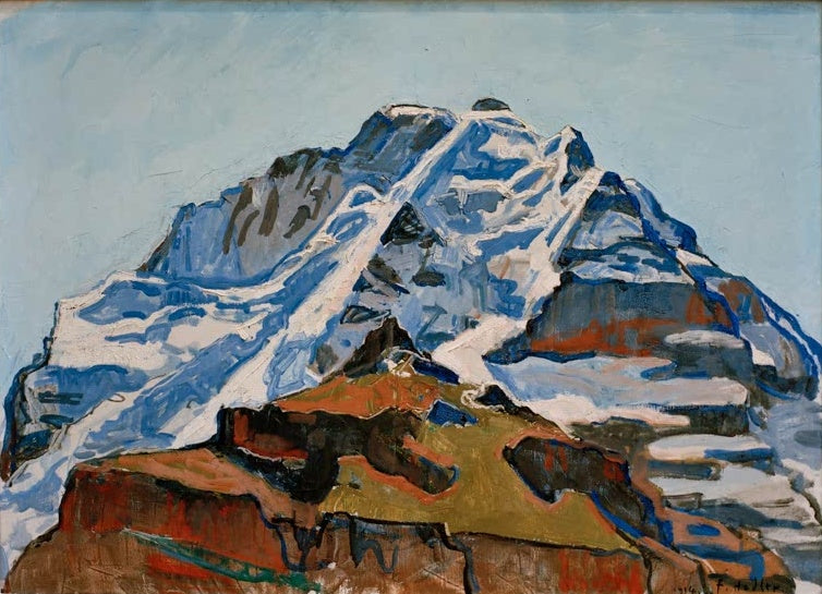 Ferdinand Hodler Die Jungfrau von Mürren aus Kunstkopie, schneebedeckter Gipfel mit blauen Schatten vor hellem Himmel