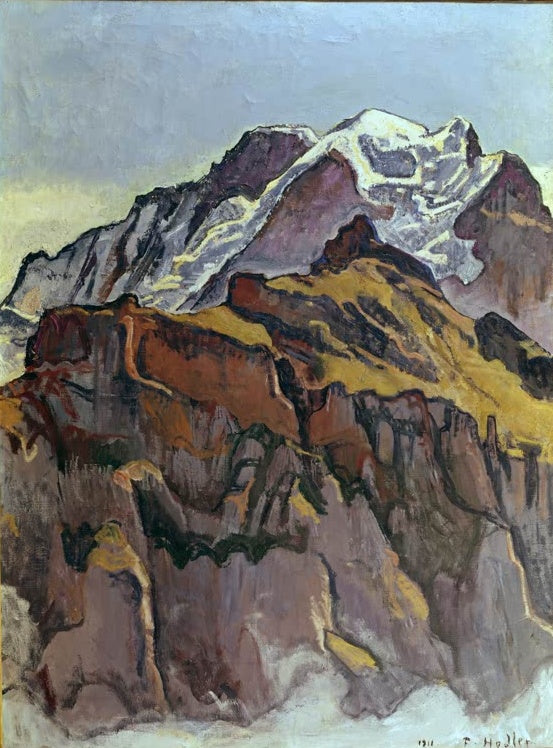Ferdinand Hodler Die Jungfrau von Mürren aus Kunstkopie, schneebedeckter Gipfel über rotbraunen Felsen und gelben Hängen
